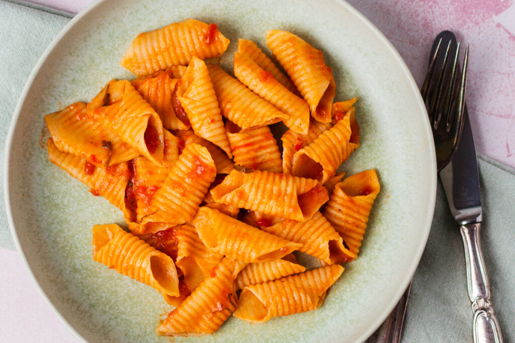 Håndrullede pasta garganelli i spicy arrabiata sauce Trollemad.dk